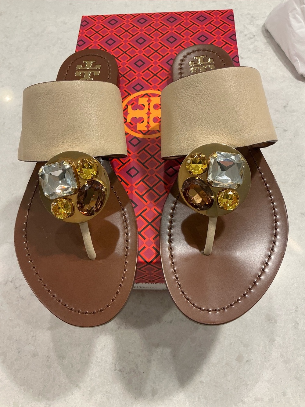 Tory Burch Beige Leather Jeweled Thong Sandals  NO OFFERS at this price